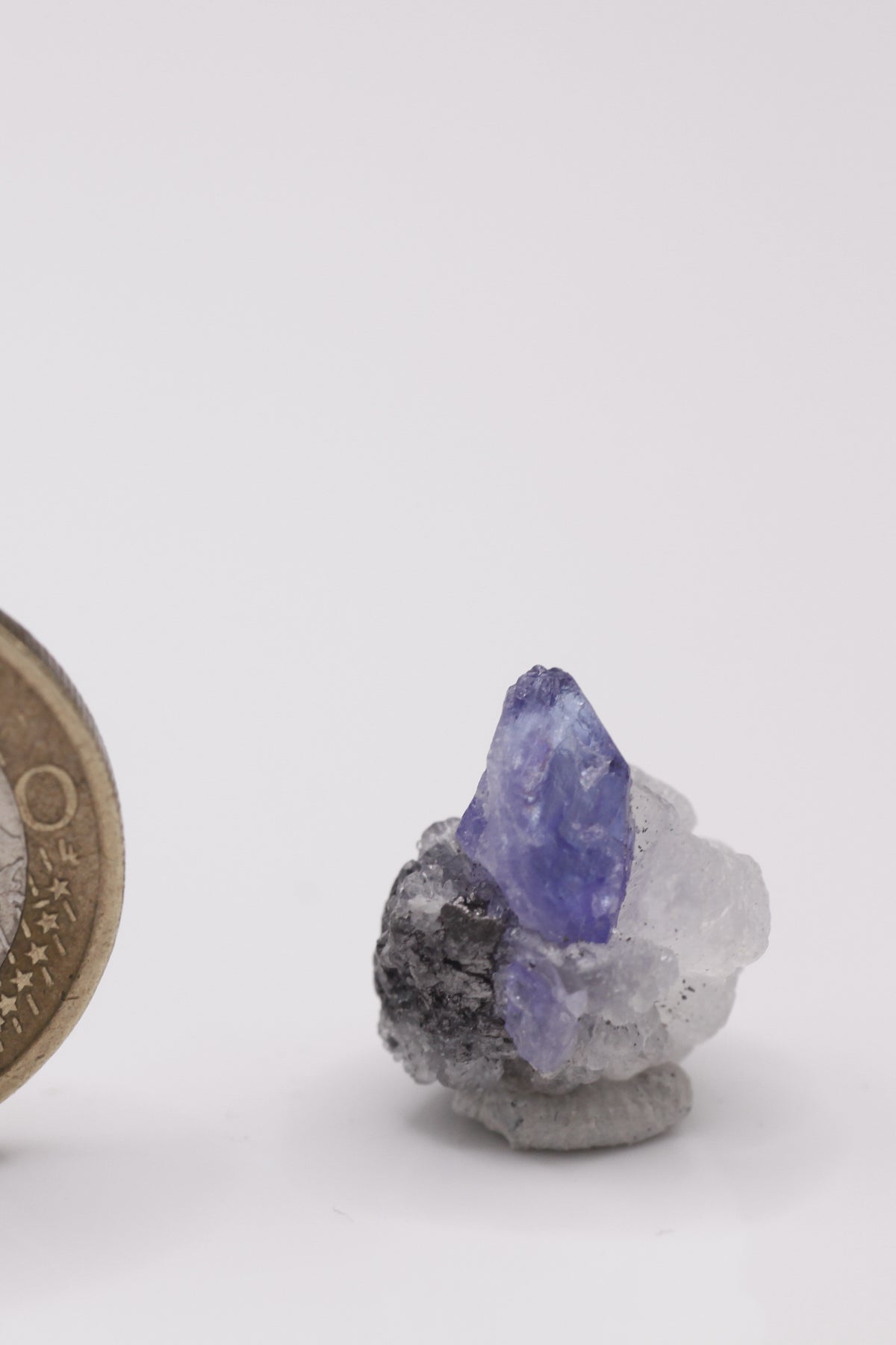 Tanzanite - Mine Mineral Market : A012 Ein kleiner blauer Tansanit-Kristall sitzt auf kugeligem weißen Prehnit-Aggregat. Eine kleine nette Stufe durch den Kontrast zu zusätzlich seitlich anhaftendem Graphit.