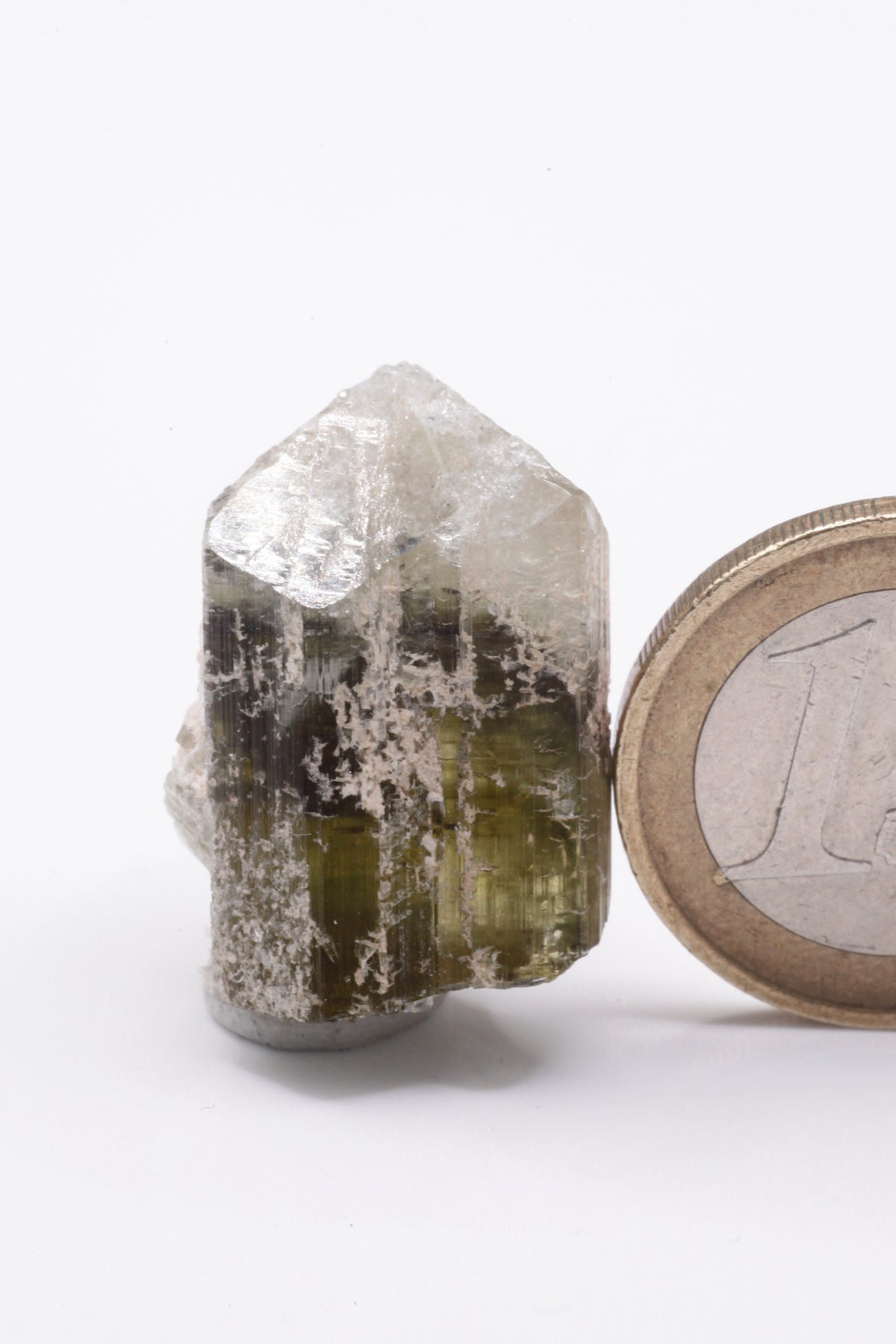 Kamana Tourmaline (Fe-Dravite)  - Mine Mineral Market :    A144 Dieser Dravit besitzt sehr gute Endflächen und drei deutliche Farbzonierungen von grüngelb über schwarz nach weiss. Außen etwas Matrix anhaftend.  